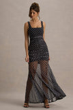 Galaxia Black White Polka Dot Maxi Dress With Mesh Skirt