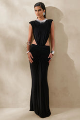 Imelda Black Boat Neck Maxi Dress With Body Cut Out Details