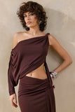 Layla Brown Asymmetric Neck Wrap Maxi Dress With Body Cut Out And Ruched Detailing
