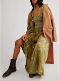 Women Floral Embroidered Maxi Dress Long Puff Sleeve Square Neck Bohemian Flowy Dress with Pockets Summer Fall