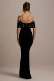West End Black Velvet Embellished Bardot Maxi Dress