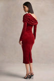 Eirene Red Velvet Asymmetric Neck Midi Dress