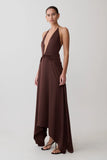 Cyra Plunge Satin Midi Dress Dark Chocolate