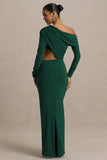 Mikayla Dark Green Asymmetric Neck Wrap Maxi Dress With Body Cut Out And Ruched Detailing