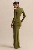 Ambrette Olive High Neck Maxi Dress With Gathered Detailing