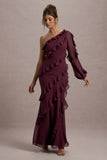 Lalika Burgundy Asymmetric One Sleeve Ruffle Maxi Dress