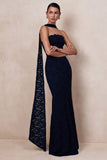 Massima Navy Lace Bandeau Maxi Dress With Scarf Detail
