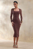 Off Track Brown Bodycon Midi Dress With Sheer Sleeves