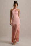 Sansa Light Pink Satin Cross Halter Neck Plisse Maxi Dress