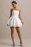 Faye White Puff Ball Bandeau Micro Mini Dress With Ruching Details