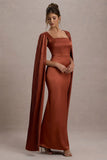 Saloma Rust Satin Square Neck Maxi Dress With Cape Sleeves