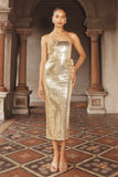 Cassia Strapless Sequin Rose Midi Dress Gold