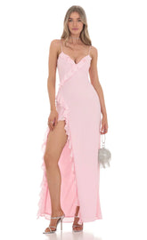 Ruffle V Neck Maxi Dress in Pink