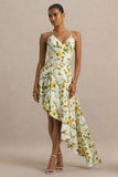 Glint Lemon Floral Print Satin Plunge Neck Maxi Dress With Asymmetric Hem