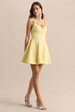 Morgania Lemon Boucle Plunge Neck Mini Dress