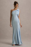 Here For Love Powder Blue Satin Asymmetric Maxi Dress With Bow