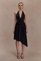 Zelda Asymmetric Slinky Midi Dress Black