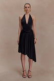 Zelda Asymmetric Slinky Midi Dress Black