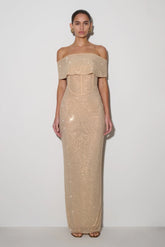 Phi Multi Wear Cowl Diamante Maxi Dress Gold