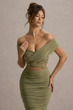 Clovette Olive Ruched Bardot Cut Out Midi Dress