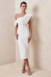 Farvera White Lace Draped Asymmetric Neck Midi Dress