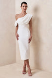 Farvera White Lace Draped Asymmetric Neck Midi Dress
