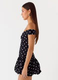 Endless Romance Off Shoulder Mini Dress Black Polkadot