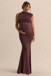 Osanna Dark Brown Wide Neck Maternity Maxi Dress With Ruched Detailing