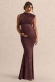 Osanna Dark Brown Wide Neck Maternity Maxi Dress With Ruched Detailing