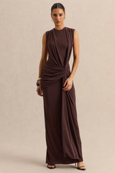 Blythia Brown Round Neck Maxi Dress With Gathered Detailing