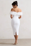 Maiden White Lace Bardot Midi Dress With Feather Trim
