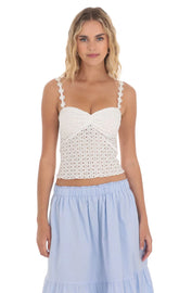 Floral Strap Eyelet Top in White