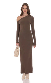 Off Shoulder Long Sleeve Maxi Dress in Brown