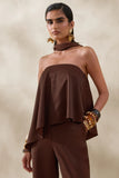 Evandra Brown Satin Bandeau Top With Scarf