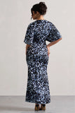 Elidy Animal Print Ruched Flutter Sleeve Cut Out Maxi Dress