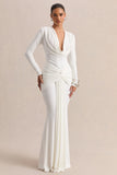 Palerma White Draped Cowl Neck Maxi Dress With Gathered Detailing