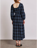 Women Plaid Maxi Dress Long Puff Sleeve Square Neck Flowy Boho Dress Bow Tie Smocked Fall Dresses
