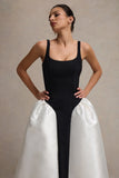 Christie Black and Cream Scoop Neck Midi Dress With Volume Skirt