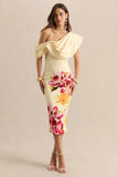 Adrina Hot Pink Lemon Floral Print Draped One Shoulder Midi Dress