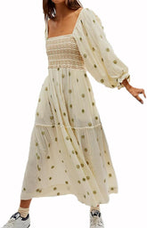 Women Floral Embroidered Maxi Dress Long Puff Sleeve Square Neck Bohemian Flowy Dress with Pockets Summer Fall