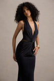 Amazonie Black Plunge Neck Twisted Maxi Dress With Mesh Panels