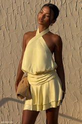 Poppy Satin Halter Mini Dress Lemon