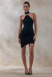 Briala Black Halter Neck Wrapped Mini Dress With Gold Detail