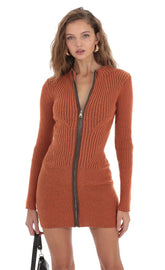 Front Zip Knit Dress in Orange