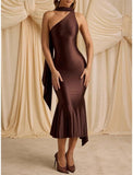 Women Formal Satin Dress One Shoulder Asymmetrical Scarf Mermaid Hem Midi Dress Cocktail Prom Gown
