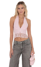 Motif V Neck Halter Top in Pink