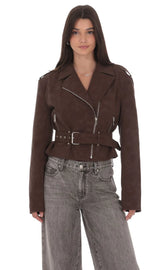 Faux Leather Cropped Moto Jacket in Brown