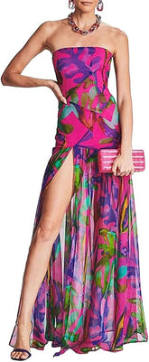 Women Tube Top Dress Tiger Stripe Mesh Patchwork Maxi Dress Strapless Sexy High Slit Long Dresses Beach Vacation