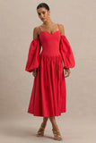 Macie Red Sweetheart Midi Dress With Balloon Sleeves
