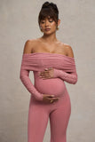 Count Down Blush Pink Maternity Ruched Mesh Bardot Jumpsuit